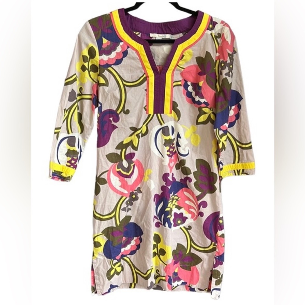Boden Floral Print Mini Dress in Cream with Pink, Purple & Yellow Accents